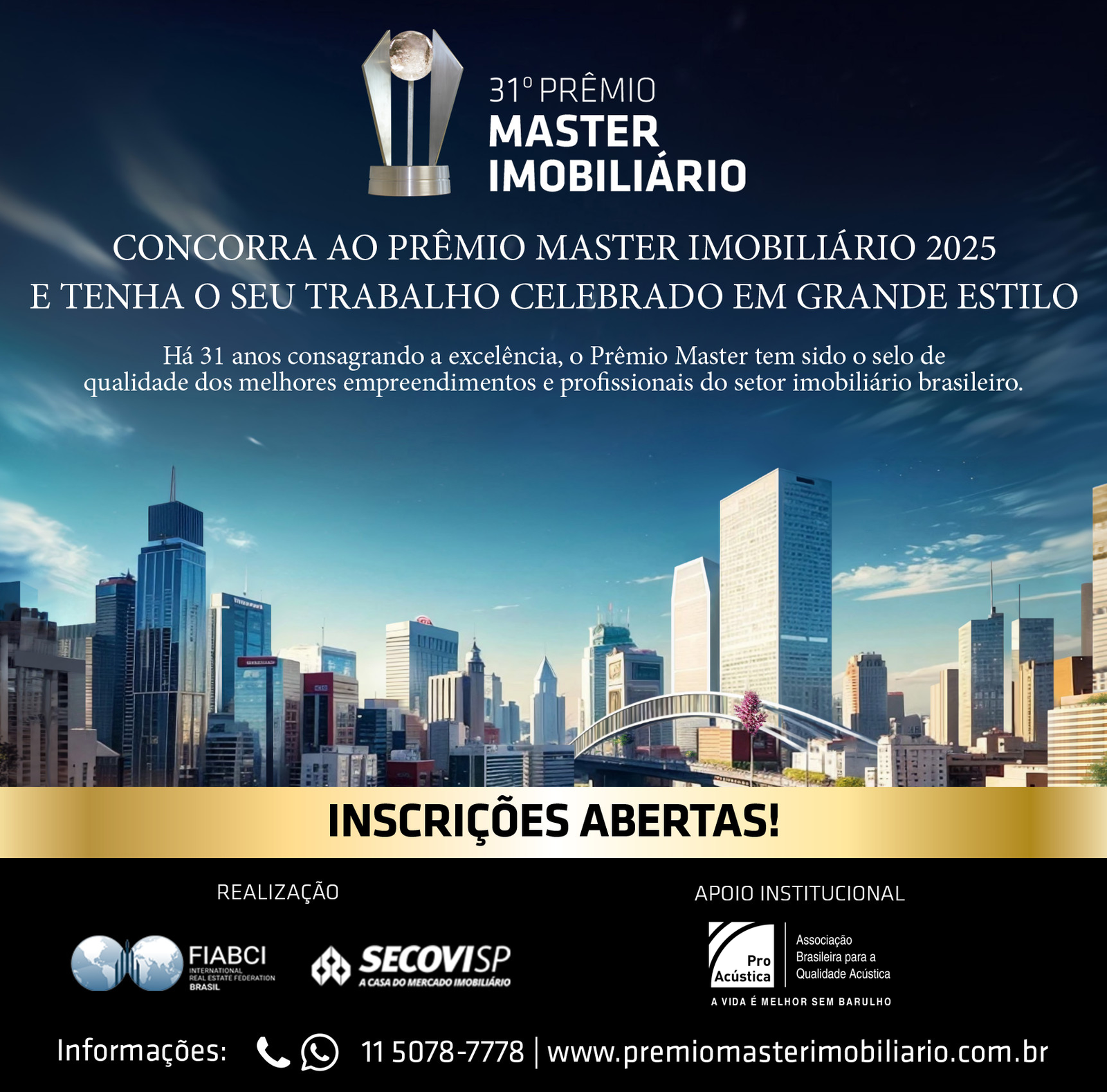 31º Prêmio Master Imobiliário 2025: inscrições prorrogadas até 28/03/25